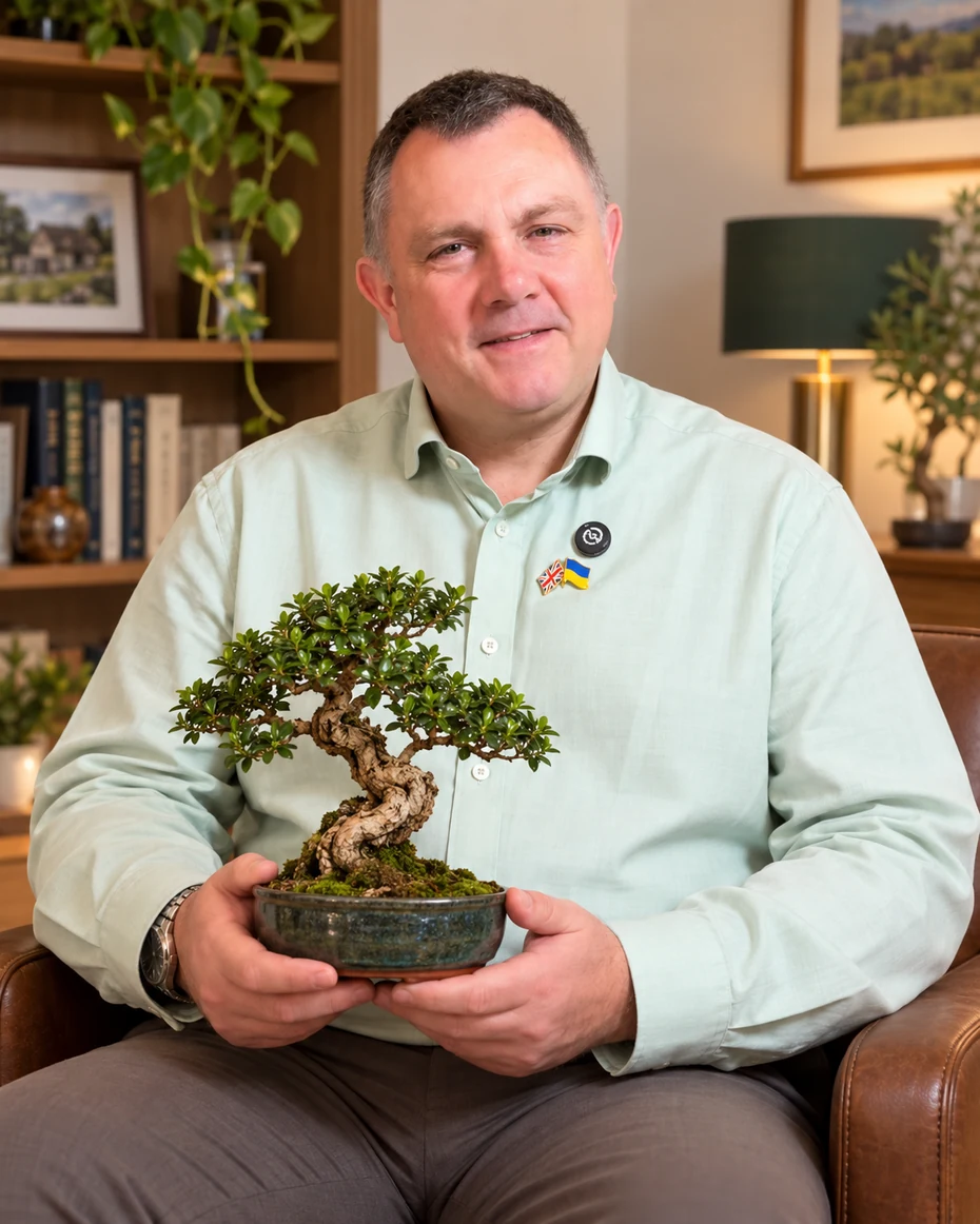 Tom Thompson sitting with a small bonsai tree
