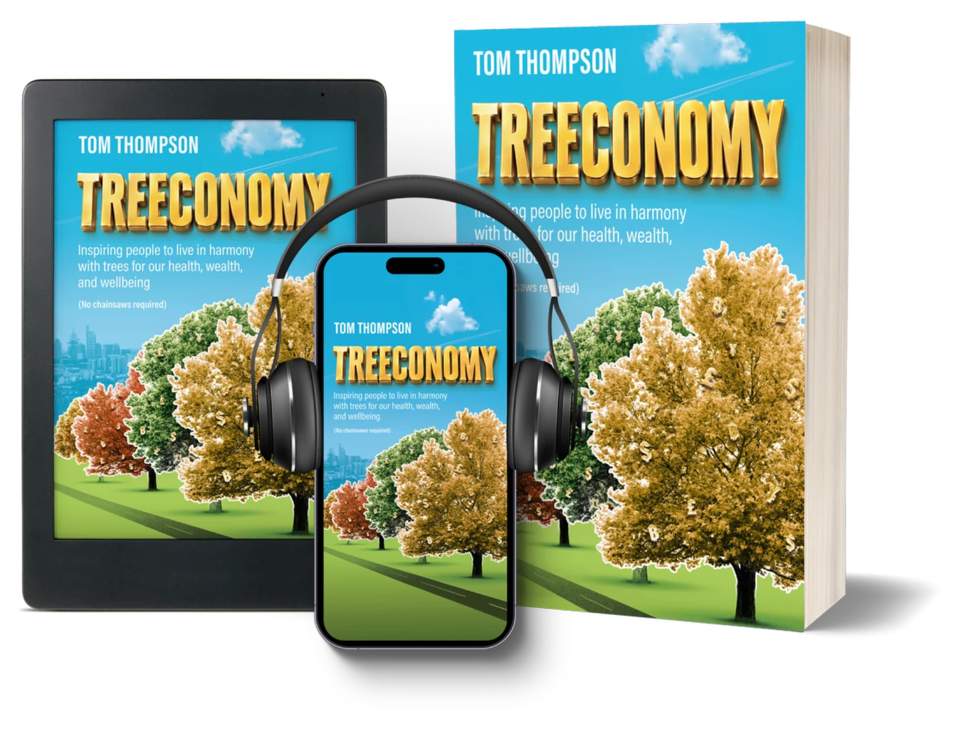 TREECONOMY shown as a paperback, ebook and audiobook mockup